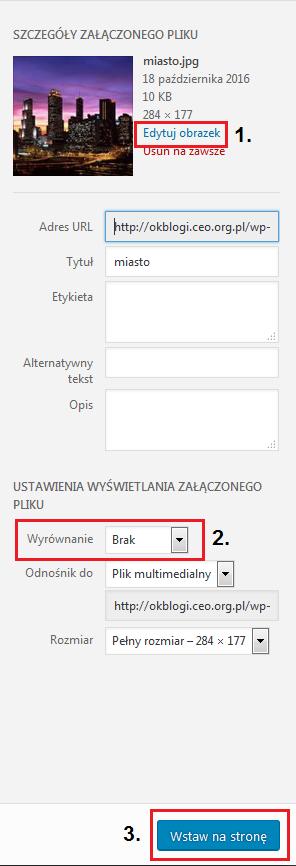 Opcja Edytuj obrazek (1) umożliwia obrót zdjęcia w pionie lub poziomie, przeskalowanie lub jego przycięcie (w ostatnim przypadku określamy proporcje).