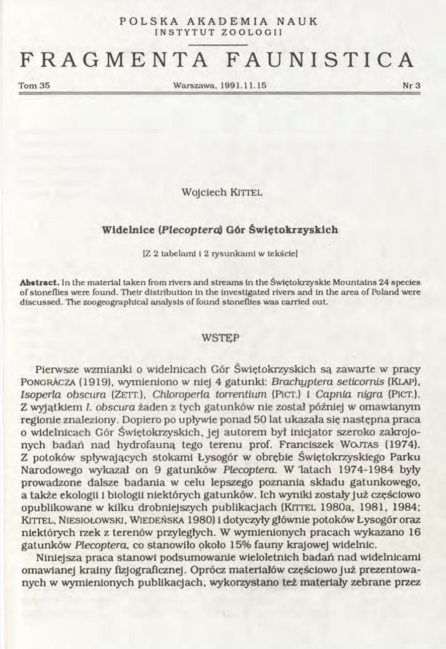 POLSKA AKADEMIA NAUK INSTYTUT ZOOLOGII FRAGMENTA FAUNISTICA Tom 35 W arszawa, 1991.11.