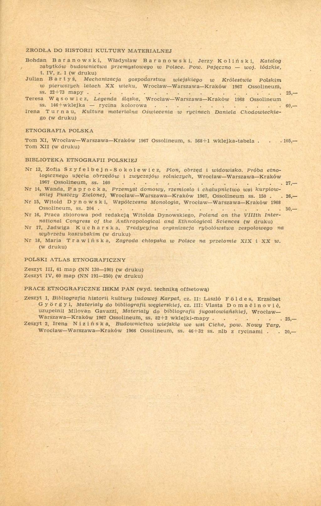 ŹRÓDŁA DO HISTORII KULTURY MATERIALNEJ Bohdan Baranowski, Władysław Baranowski, Jerzy Koliński, Katalog zabytków budownictwa przemysłowego w Polsce. Pow. Pajęczno woj. łódzkie, t. IV, z.