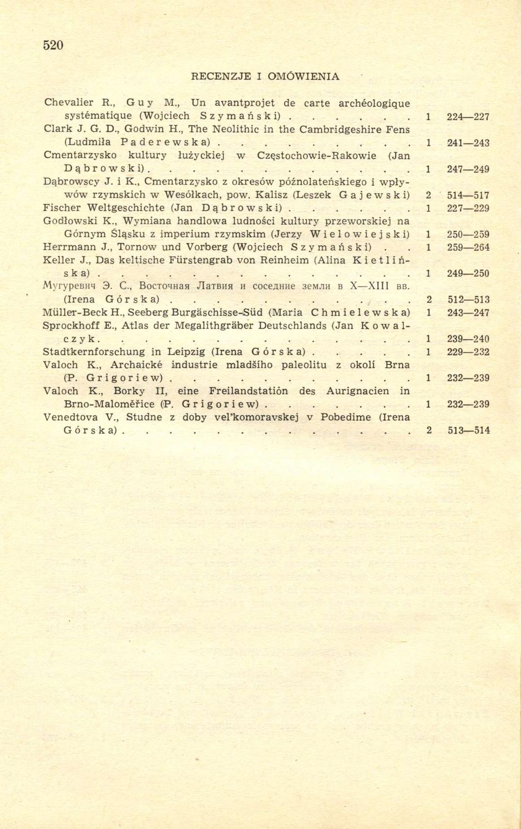 520 RECENZJE I OMÓWIENIA Chevalier R., Guy M., Un avantprojet de carte archéologique systématique (Wojciech Szymański) 1 224 227 Clark J. G. D., Godwin H.