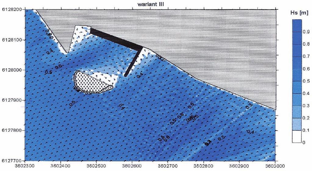 Rys. 7. Falowanie w układzie falochronów wariantu III przy kierunku wiatru NW (północno-zachodnim) Rys. 8.