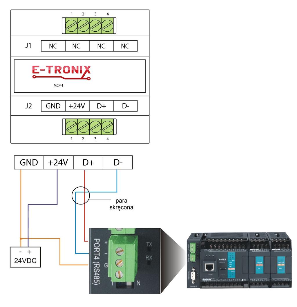 4.2 Przykład podłączenia elektrycznego Poniższy rysunek przedstawia schemat typowego podłączenia układu do magistrali RS-485. Moduł pomiaru ciśnienia można zasilać napięciem stałym z zakresu 9...24V.