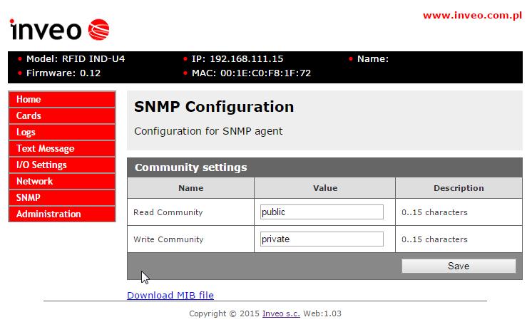 6.8 SNMP Moduł wyposażony jest w serwer SNMP v2c.