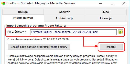 g) przejdź na kartę Import danych, kliknij przycisk z symbolem wyboru ścieżki i wskaż lokalizację pliku archiwum przeniesionego z innego komputera h)