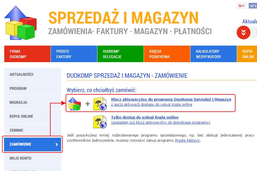 4. Zamów klucz aktywacyjny do programu Sprzedaż i Magazyn W celu zamówienia klucza aktywacyjnego do programu wejdź na jego stronę internetową (http://www.duokomp.