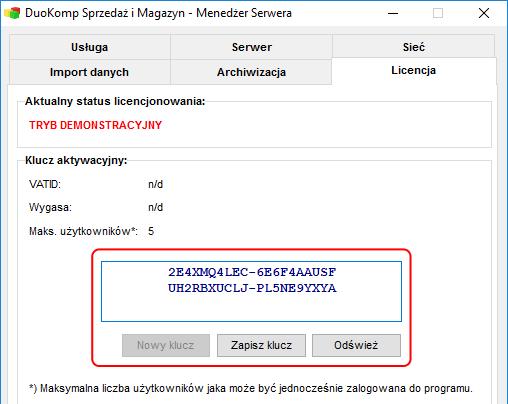 Wykonaj wówczas następujące kroki: a) uruchom ponownie Menedżer Serwera na komputerze, gdzie zainstalowany jest serwer programu Sprzedaż i Magazyn b) przejdź na kartę Licencja c) skopiuj klucz