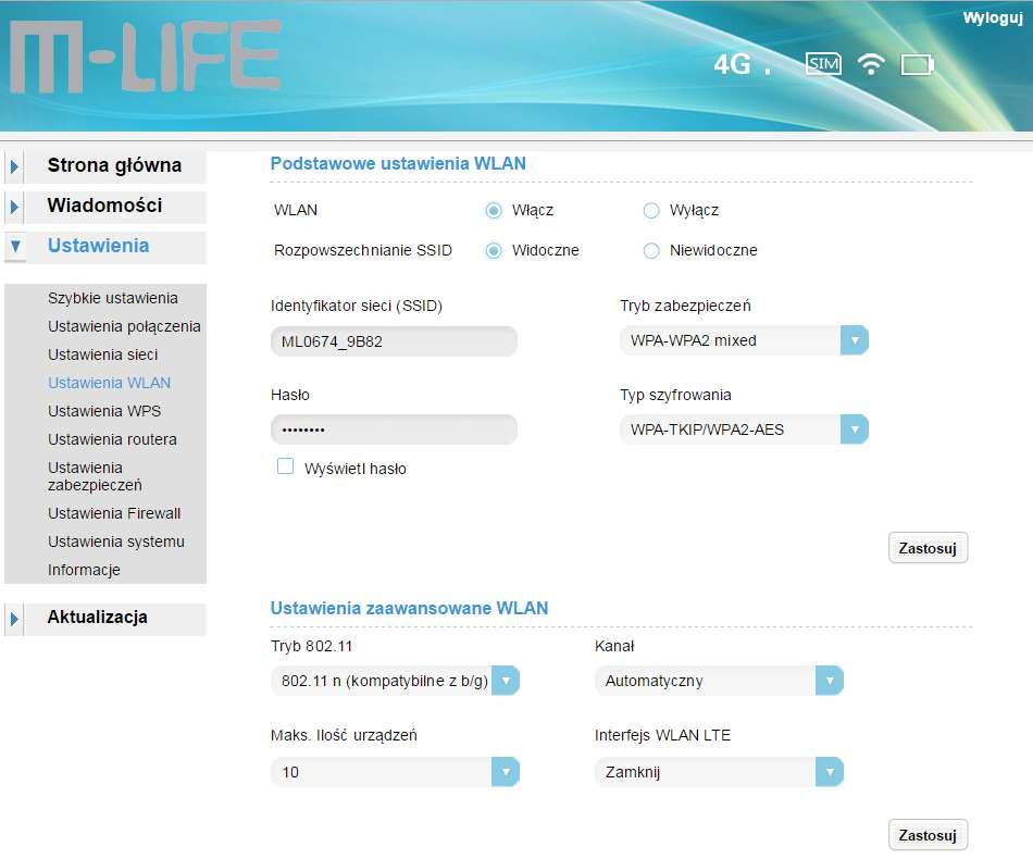 Kolejną pozycją menu są "Ustawienia WLAN", widok tego menu przedstawia rys. 8. W menu tym możemy ustawiać parametry poąłczenia sieci bezprzewodowej.