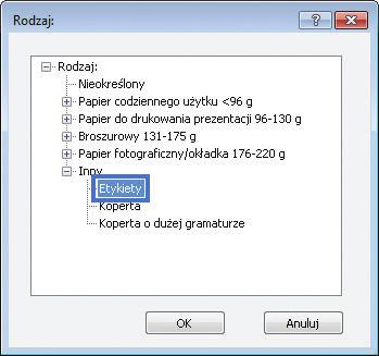 5. Rozwiń listę opcji Rodzaj:. 6. Rozwiń kategorię rodzajów papieru, która najlepiej opisuje wykorzystywany papier. UWAGA: Etykiety i folie przezroczyste znajdują się na liście opcji Inny. 7.
