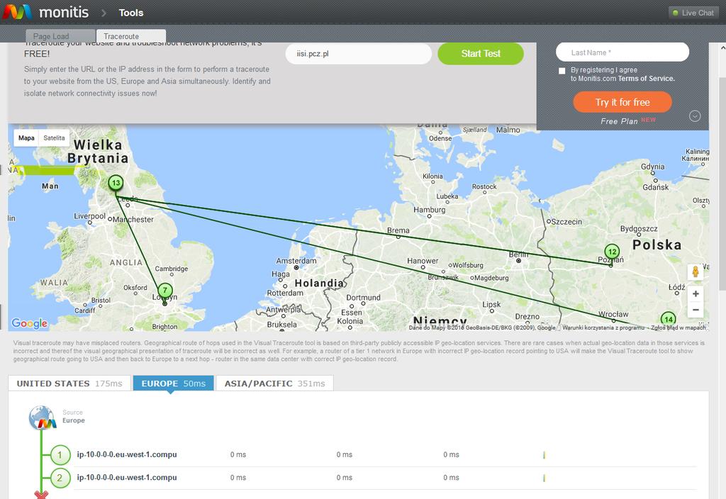 5.2. Cel ćwiczenia Instrukcja 5 - Zastosowania protokołu ICMP Rysunek 5.4: Przykładowe działanie programu Monitis Visual Trace Route Tool 5.