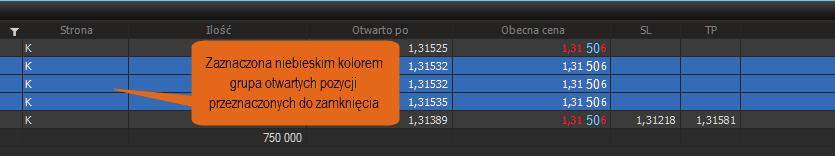 Innym sposobem zamykania pojedynczych pozycji jest kliknięcie prawym przyciskiem myszy na pozycji w panelu Otwarte pozycje.