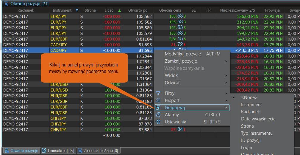 Platforma Alior Trader przychodzi inwestorom z pomocą oferując funkcje grupowania, sortowania, filtrowania oraz wyszukiwania otwartych pozycji i zleceń.