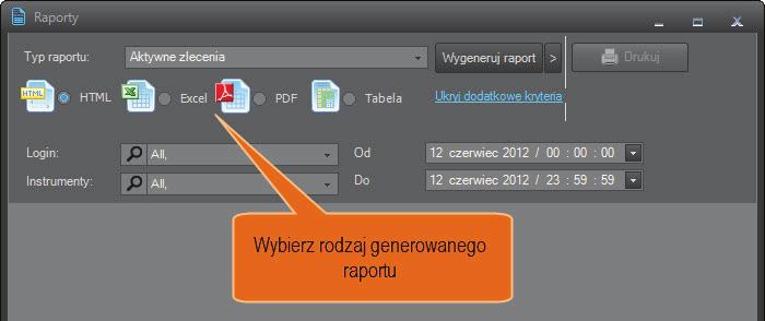 Inwestor może wygenerować raport w formie HTML, Tabeli,