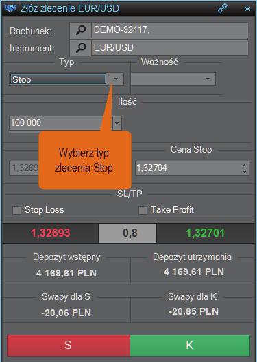 1.3. Zlecenie typu stop RODZAJE ORAZ SKŁADANIE, ZAMYKANIE I MODYFIKACJA ZLECEŃ Zlecenie typu stop to zlecenie oczekujące sprzedaży danego instrumentu po cenie niższej niż obecna cena rynkowa lub