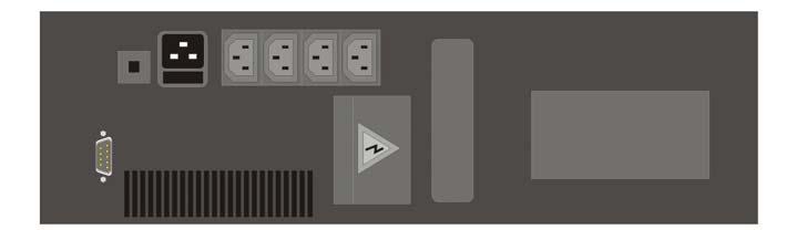 czerwona dioda LED Gniazdo wejściowe : IEC 320 C14 męskie On bypass (na ukł. obejść.) : żółta dioda LED Gniazda wyjściowe (4) : IEC 320 C13 żeńskie Progr.shutdown (prog. wyłącz.