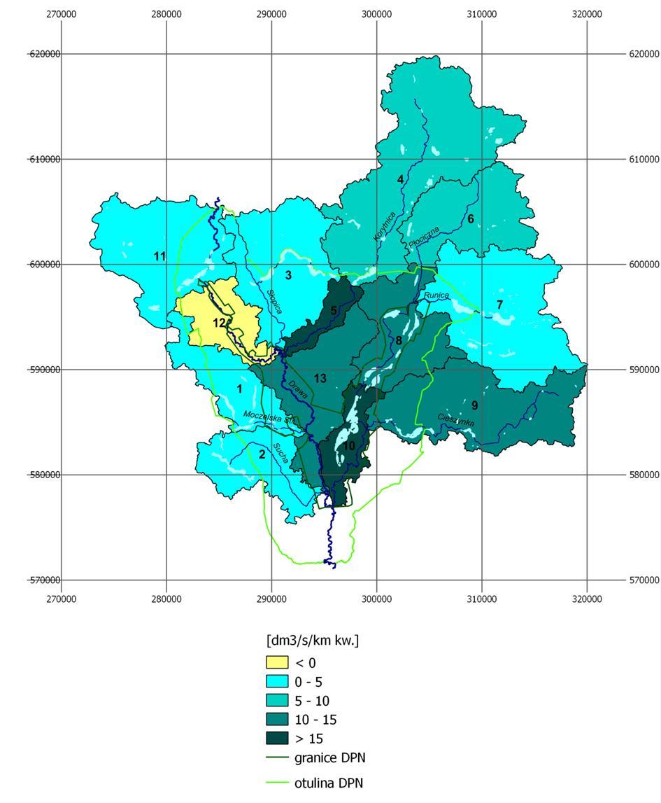 Wielkość odpływu jednostkowego ze zlewni cząstkowych zlewnie 1-10: na podstawie średnich przepływów z okresu sierpień 2012 październik 2013 zlewnie 11-13: dane z roku 1997 (Nowacki 1998) Nr zlewni