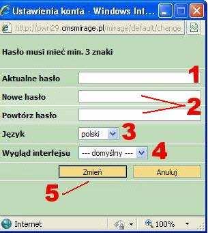 Podstawowe ustawienia dotyczące zalogowanego użytkownika (widoczne na ilustracji nr 3) są dostępne po wybraniu Ustawienia konta zaznaczonego numerem 3.