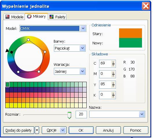 Przy użyciu okna harmonii kolorów Miksery wybierane kolory są najbardziej przydatne podczas pracy z kilkoma obiektami (np.