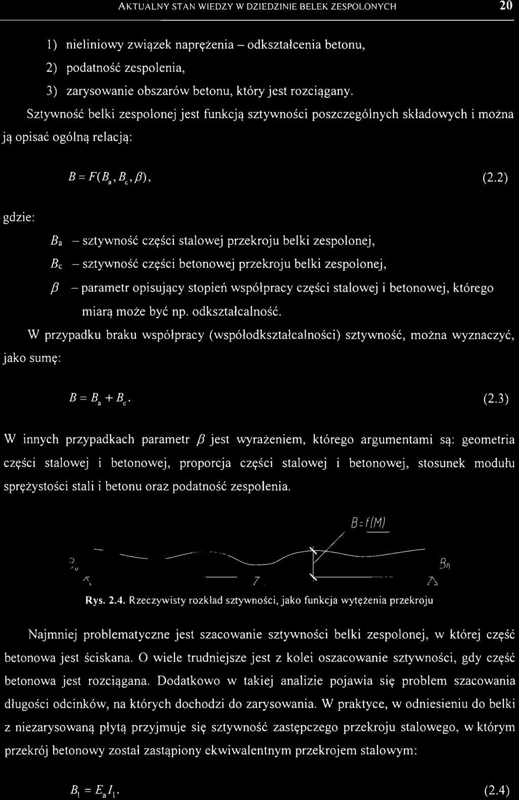 A KTUALNY STAN WI EDZY W DZIEDZINIE BELEK ZESPOLONYCH 20 1) nieliniowy związek naprężenia - odkształcenia betonu, 2) podatność zespolenia, 3) zarysowanie obszarów betonu, który jest rozciągany.