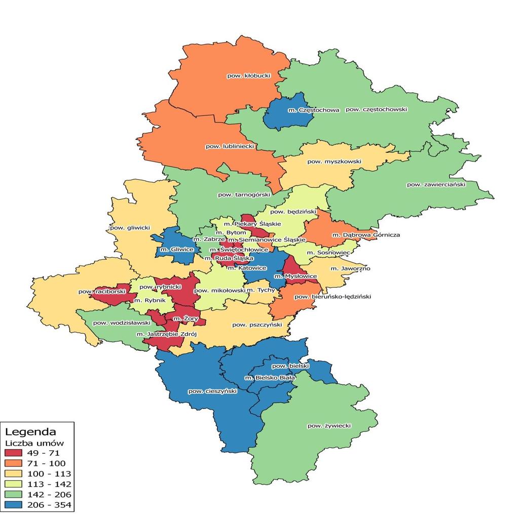 Poniżej zaprezentowano rozkład zakontraktowanych środków EFRR w podziale na powiaty (liczba i wartość w ).