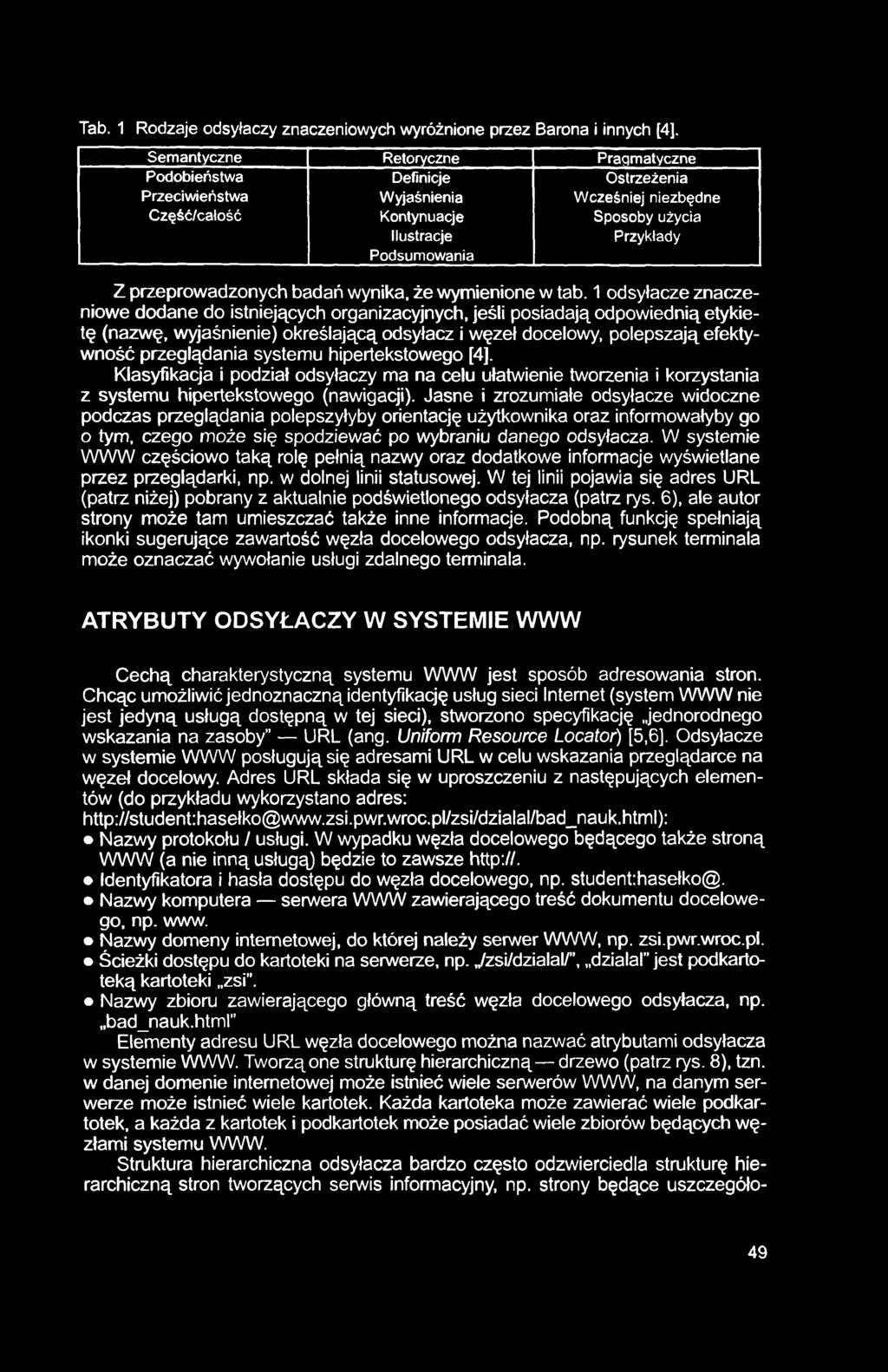 Tab. 1 Rodzaje odsyłaczy znaczeniowych wyróżnione przez Barona i innych [4].