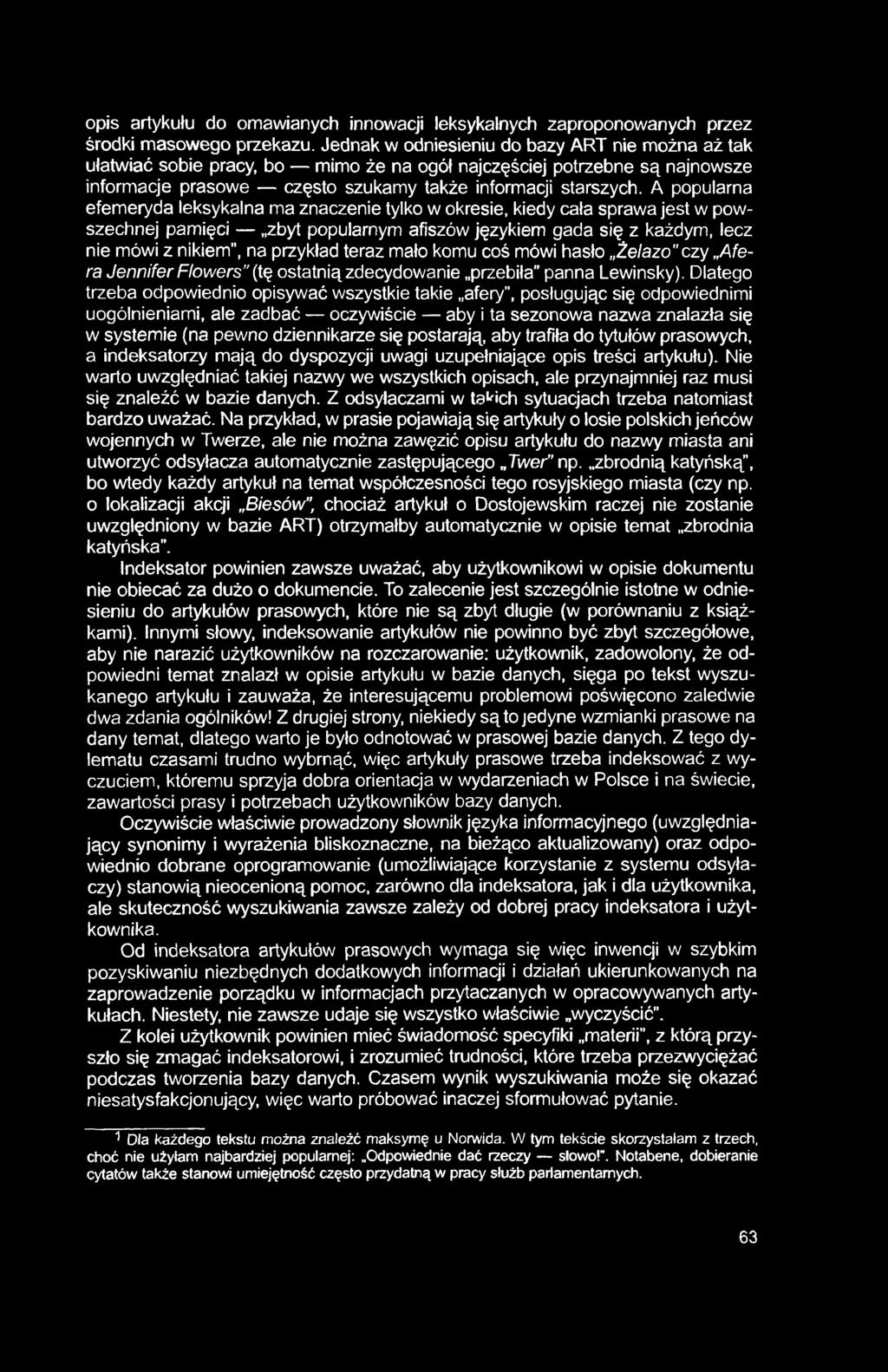 opis artykułu do omawianych innowacji leksykalnych zaproponowanych przez środki masowego przekazu.