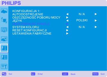Menu główne Konfiguracja 1 Autodostrojenie * : tylko dla wejścia PC-A Naciśnięcie przycisku SET spowoduje automatyczną regulację rozmiaru ekranu, pozycji w poziomie i pionie, zegara, fazy zegara oraz