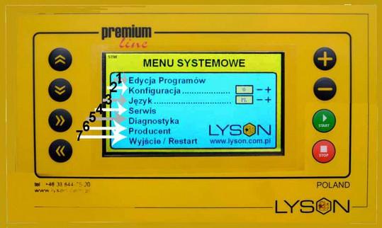 lp Przycisk 1 2 3 4 5 PLUS 6 MINUS 7 START 8 Kursor Fot. 7 Przyciskami STRZAŁKA W GÓRĘ / STRZAŁKA W DÓŁ wybieramy odpowiednią pozycję menu (wskazywaną czarną strzałką).