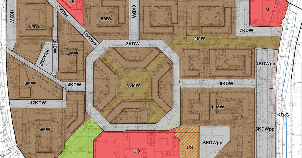 Teren 4MW - powierzchnia zabudowy nie większa niż 35% działki budowlanej, - wysokość zabudowy dla budynków - 5 kondygnacji nadziemnych, przy czym nie więcej niż 17 m, Tereny: 5MW, 6MW, 7MW, 8MW, 9MW,