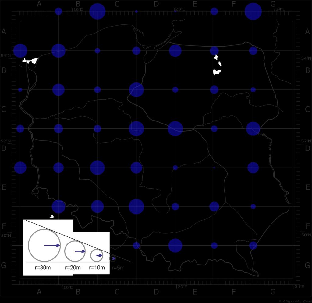 Ryc. 3. Mapa Polski z nałożoną siatką ATPOL i kołami o promieniach proporcjonalnych do odległości pomiędzy aktualnymi punktami odpowiadającym współrzędnym IB UJ (skalowanie jest zgodne z ryc.
