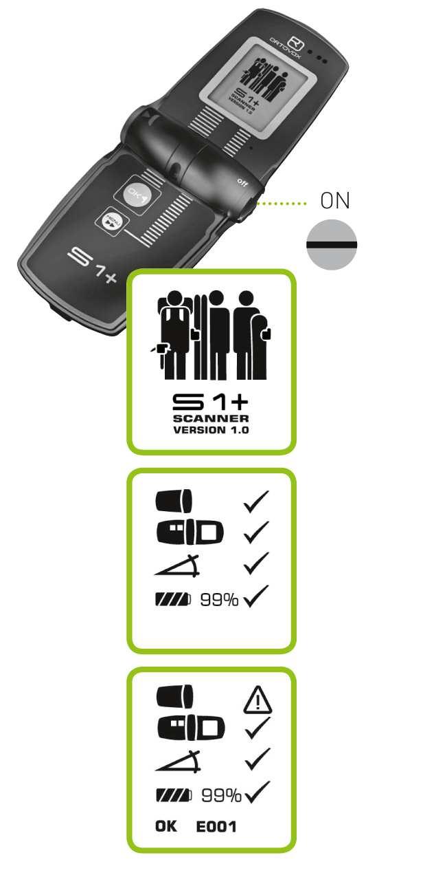 Instrukcja Detektora S1+, strona 41 WŁĄCZANIE DETEKTORA S1+ może zostać włączony gdy klapka jest zamknięta lub otwarta WŁĄCZANIE OATWARTEGO DETEKTORA Obrócić przełącznik ON/OFF zgodnie z ruchem