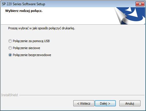 Podłączenie urządzenia za pomocą (wyłącznie seria SP 220) Windows dsh041 Prosta konfiguracja za pomocą płyty CD-ROM 5. Wybierz [Połączenie bezprzewodowe].