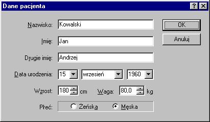 1. Wybór pacjenta z bazy danych. Wybierz polecenie Wybierz pacjenta (menu Baza danych). Uruchomiony zostanie program Baza danych, w którym będzie można dokonać wyboru.