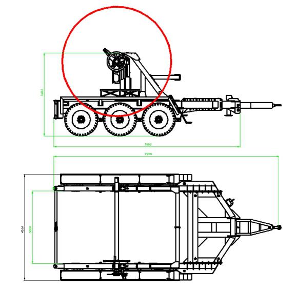 WYPOSAŻENIE F10.500 przyczepy kablowe Przyczepa przeznaczona do transportu i rozwijania szpul z kablem o wadze do 50000 kg. Rama wykonana ze spawanych profili stalowych.