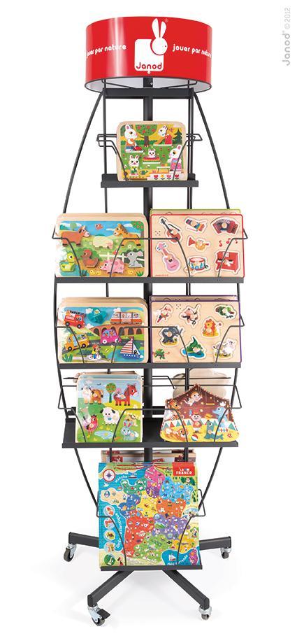 J05521 JANOD metalowy stojak na puzzle/ inne zabawki Stojak na kółkach, może być wygodnie przemieszczany z miejsca na miejsce, pomieści wszystkie rodzaje puzzli marki