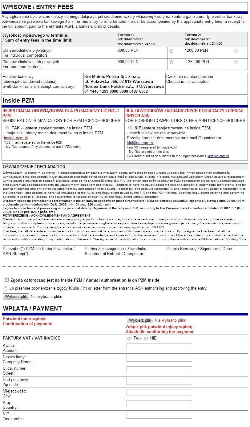 Zał. A Wyścigowe Mistrzostwa Polski KIA Picanto 2013 Zgłoszenie indywidualne