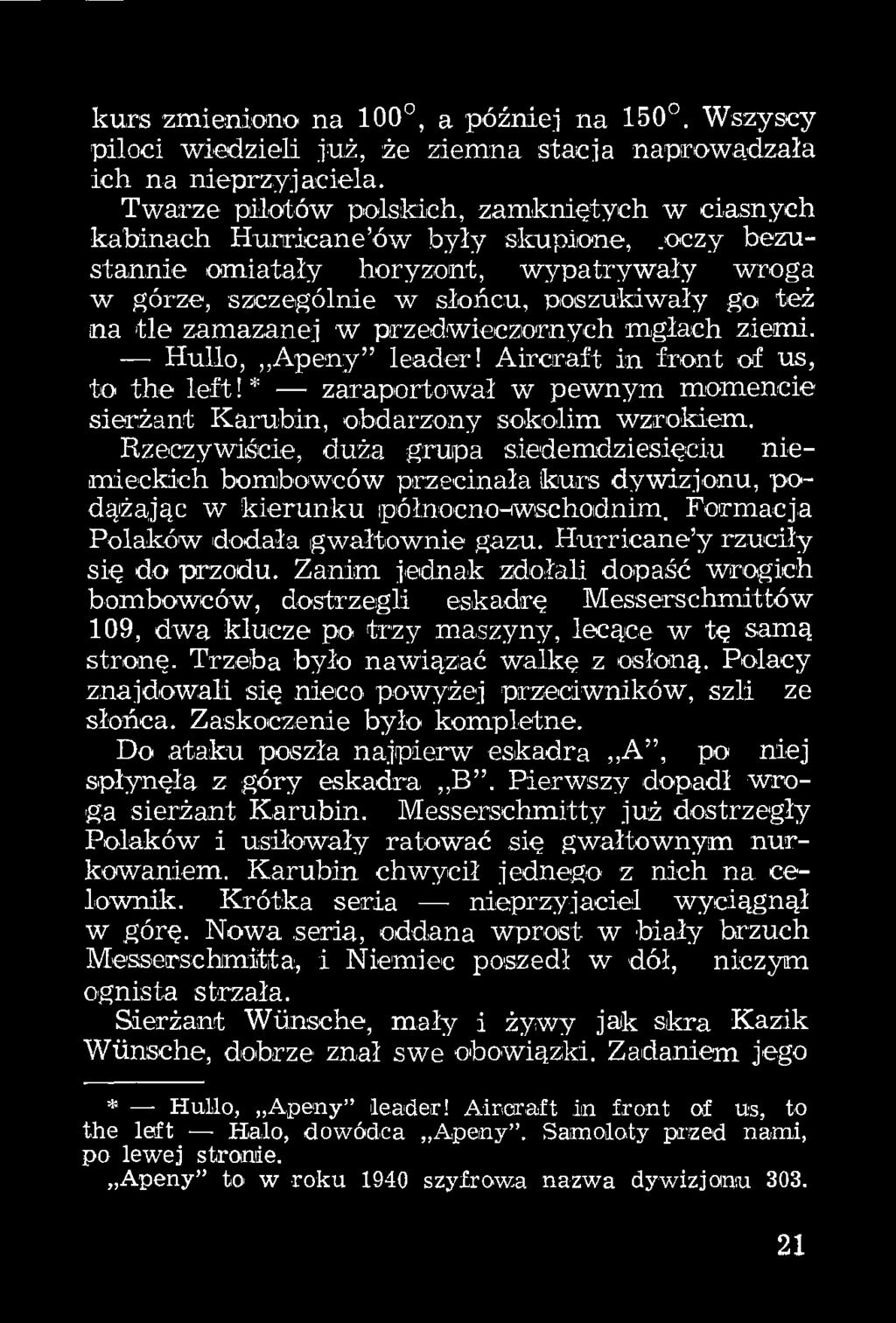 oczy bezustannie omiatały horyzont, wypatrywały wroga w górze, szczególnie w słońcu, poszukiwały go też na tle zamazanej w przedwieczornych mgłach ziemi. Hullo, Apeny leader!