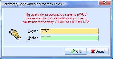 do udziału w pilotażu przez odpowiedni OW NFZ. W takim przypadku zostanie wyświetlona poniższa informacja. Informacja zostanie również wyświetlona, gdy wygasło hasło operatora.