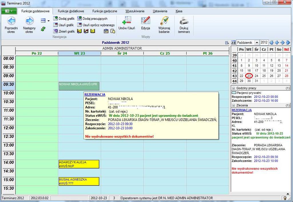 Ryc.10. Informacje o statusie uprawnienia pacjenta wyświetlane w module Terminarz.