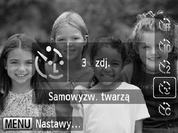 " Korzystanie z funkcji samowyzwalacza twarzą Po skomponowaniu zdjęcia (na przykład grupowego) i naciśnięciu przycisku migawki aparat wykona trzy zdjęcia z rzędu dwie sekundy po wykryciu twarzy (str.