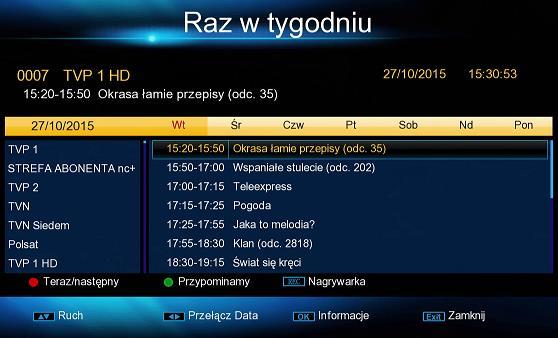 EPG Elektroniczny przewodnik po programach Opcja menu umożliwiająca wyświetlenie informacji o aktualnie oglądanym programie i informacje o innych programach nadawanych w tym samym czasie i z