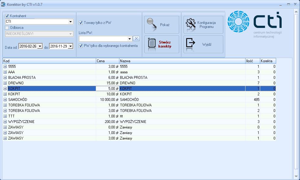 1. Opis programu Zbiorcze korekty faktur by CTI to program służący do masowego tworzenia korekt ilościowych do faktur sprzedaży na wskazane towary dla danego kontrahenta W programie wyświetlana jest