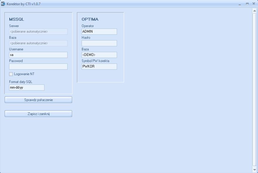 2. Pierwsze uruchomienie Po pierwszym uruchomieniu programu należy skonfigurować połączenie z Comarch ERP Optima: W sekcji MS SQL należy uzupełnić pola: Username nazwa użytkownika z dostępem do