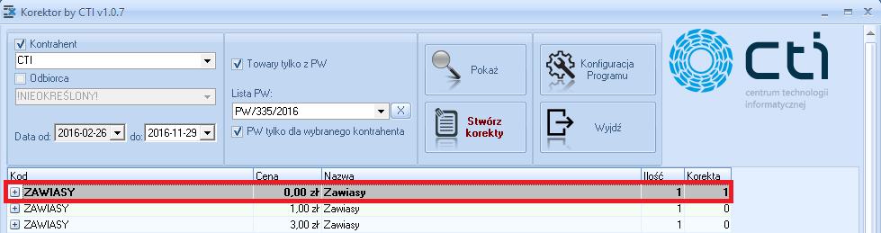 Po wyborze kontrahenta, a także zakresu dat (patrz poprzedni punkt) należy wybrać dokument PW, z którego program podpowie ilości do skorygowania: Listę dokumentów PW można ograniczyć o te, które są