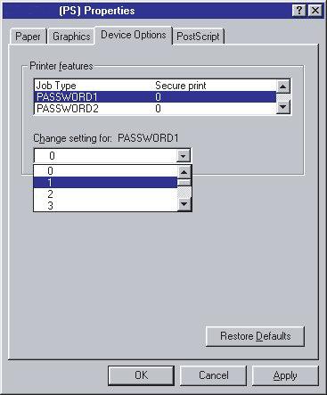 Emulacja PostScript 1. W oknie sterownika kliknij zakładkę Device Options (Opcje urządzenia i wybierz pozycję Store to HDD (Zapisz na dysku twardym) (1). 1 1 2 2.
