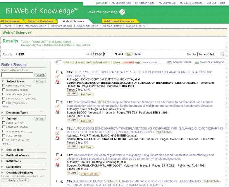 Precyzuj i analizuj ISI WEB OF KNOWLEDGE SM Wyszukiwanie precyzyjne Zastosuj opcję wyszukiwania precyzyjnego, by spośród 00 000 wyników wybrać 00 najlepszych kategorii tematycznych, tytułów źródeł,