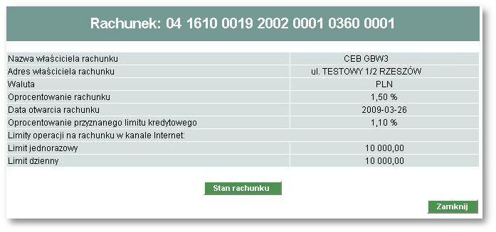 przeglądać i pobrać plik z wyciągiem dla rachunku Informacje szczegółowe o rachunku Wskazanie konkretnego numeru rachunku na liście rachunków powoduje otwarcie okna z podstawowymi informacjami o