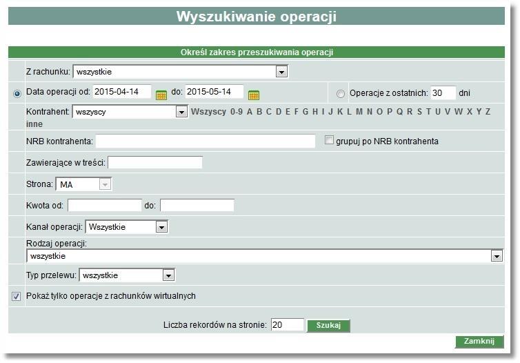 Po zaznaczeniu pola Pokaż tylko operacje z rachunków wirtualnych zaprezentowane zostaną tylko operacje agregujące płatności wykonane na rachunki wirtualne.