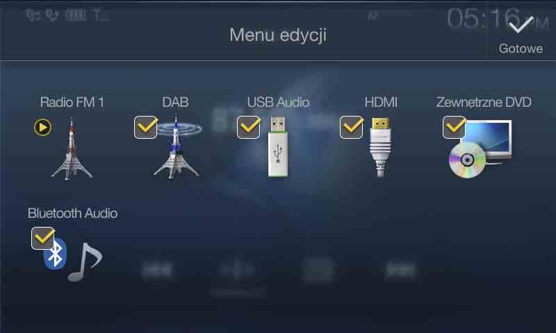 Menu edycji W ekranie Menu edycji można zmienić kolejność źródeł audio lub dokonać zmian dotyczących wyświetlania/ukrywania.