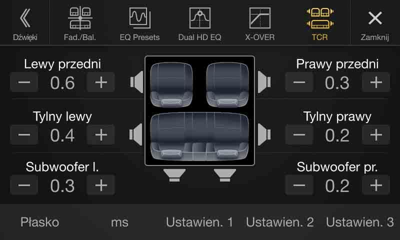 Korekcja czasu Jeśli ustawienia dźwięku i konfiguracja skrótów ustawione są na BASS ENGINE SQ, nie można dokonać zmian ustawień. 1 Dotknij przycisku [Kanał], aby wybrać kanał.