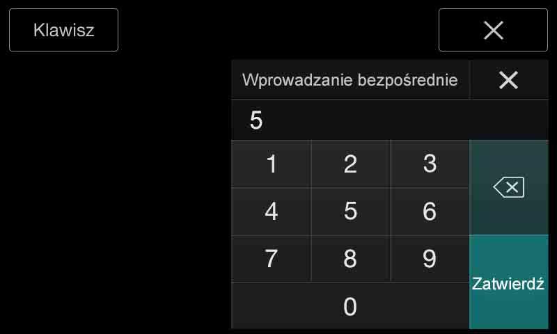 Obsługa klawiatury numerycznej 1 Ponownie dotknij przycisku [Klawisz] w trybie obsługi menu. Zostanie wyświetlony ekran klawiatury numerycznej 2 Dotknij odpowiednich przycisków numerycznych.